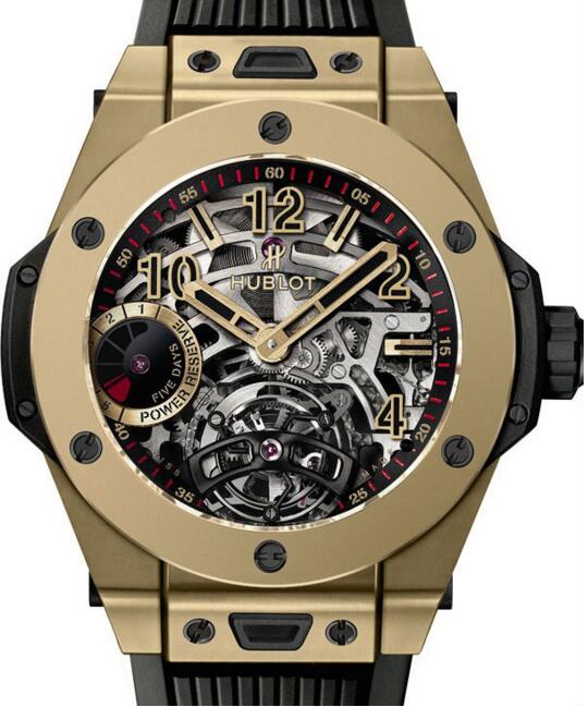 Replica Hublot 405.MX.0138.RX Big Bang tourbillon Power Reserve 5 Days Full Magic Gold watches for men